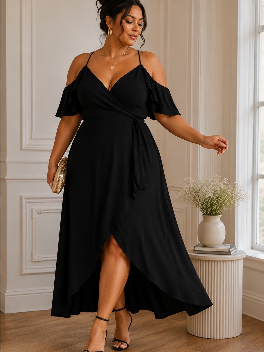 City Chic Black Cold Shoulder Ruffle High Low Wrap Maxi Occassion Dress